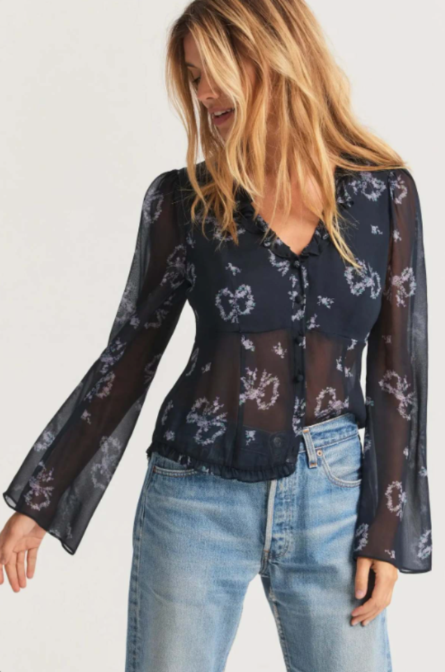 LoveShackFancy Fixie Blouse in Blue Heron - Size S