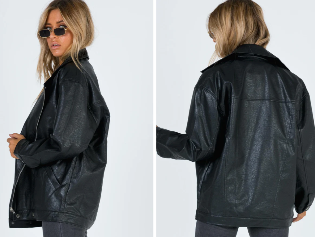 Princess Polly Next In Line Faux Leather Biker Jacket in Black - Size S/M