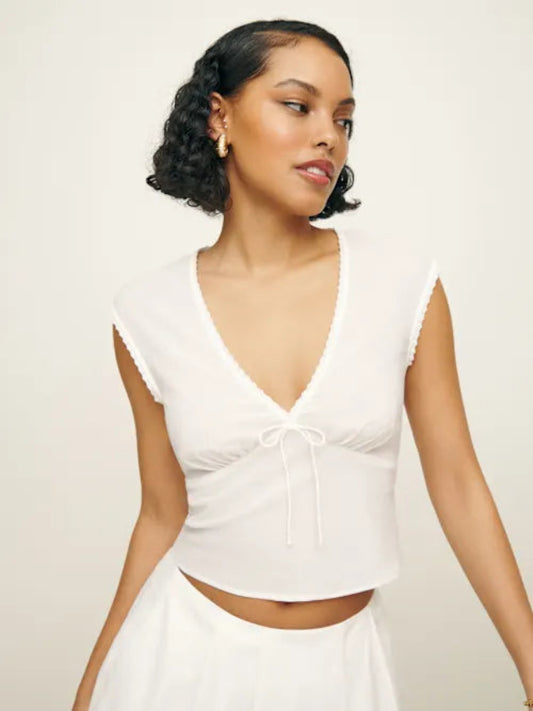 REFORMATION Cherry Lace Trim Organic Cotton Crop Top in White - Size 0