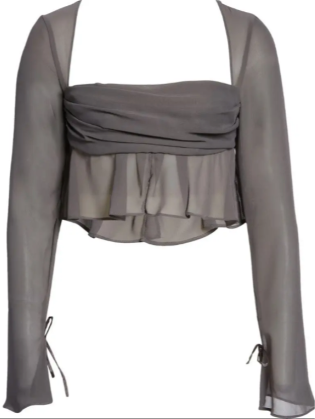 House of‎ CB Athena Shadow Long Sleeve Floaty Crop Top Blouse