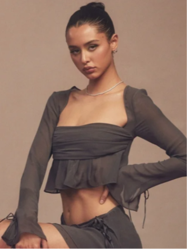 House of‎ CB Athena Shadow Long Sleeve Floaty Crop Top Blouse