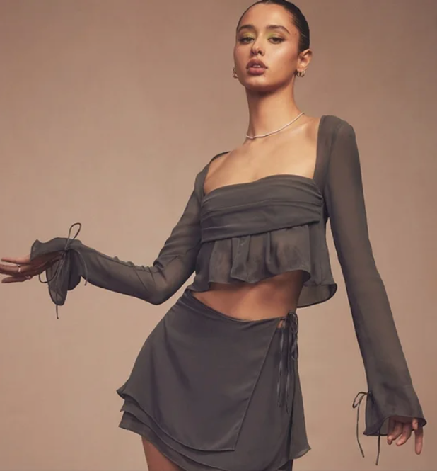 House of‎ CB Athena Shadow Long Sleeve Floaty Crop Top Blouse