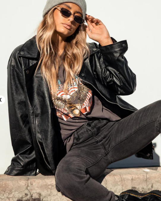 Princess Polly Next In Line Faux Leather Biker Jacket in Black - Size S/M