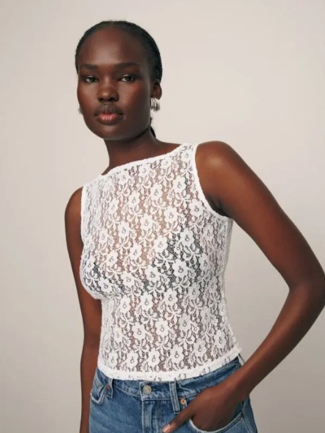 Reformation Dusk Knit Top in White Lace - Size M