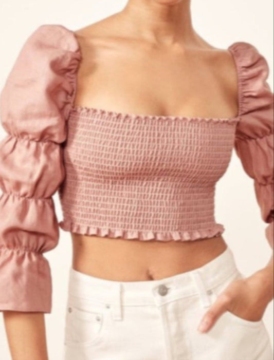 Reformation Ruffle Crop Long Sleeve Maple Top in Blush - Size XS