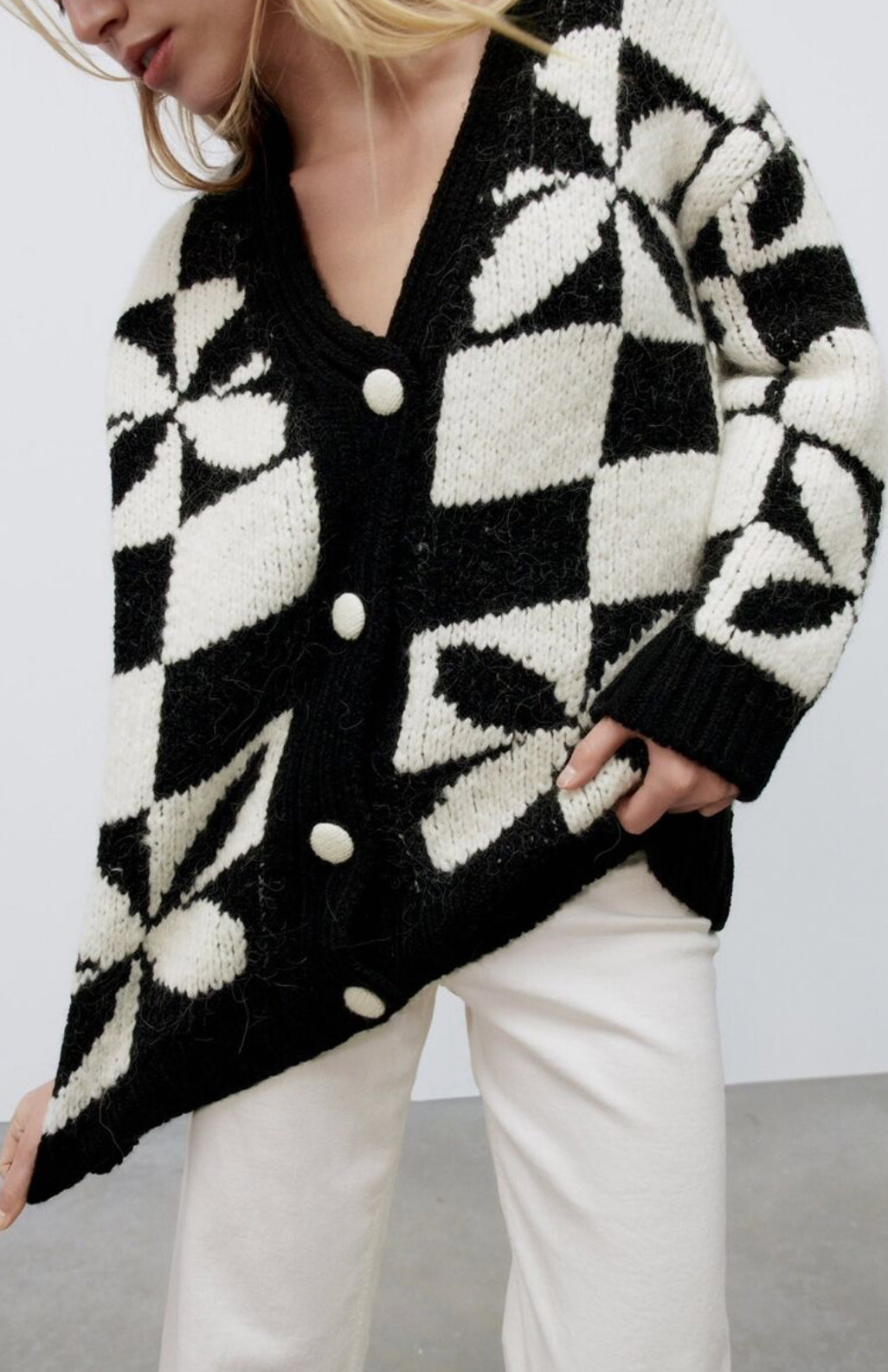 Zara Checkered Knit Jacquard Cardigan Jacket 